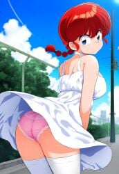 2024 ai_generated blue_eyes female hakkai20 panties pink_panties ponytail ranma-chan ranma_1/2 ranma_saotome red_hair skirt_lift solo sundress upskirt