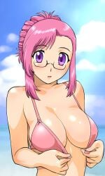 1girls alien alien_girl artist_request beach bikini bikini_top blush breasts cleavage female glasses kazami_mizuho mizuho_kazami onegai_teacher outdoors pink_hair purple_eyes removing_clothing upper_body