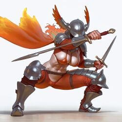 2024 action_pose ai_assisted alternate_costume armor belt big_breasts bikini bracers cape crouching dagger dual_wielding fire greaves groin helmet hi_res holding_weapon hololive hololive_english hololive_myth large_breasts long_hair medieval midriff multicolored_hair orange_hair pauldrons shaded_face sword takanashi_kiara unconvincing_armor virtual_youtuber wheel_of_fortune_(director) white_background