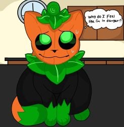 background black_fur cat_ears cat_tail catboy dialog dialogue digital_media_(artwork) feline furry furry_only green_eyes green_fur halloween kitchen moon(sl33py_demon) orange_fur original_character pumkat riginal sl33py_demon text thought_bubble