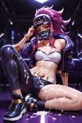 ai_generated akali bukkake clothed cum_in_hair cum_on_breasts cum_on_face cum_on_legs cum_on_stomach face_mask halter_top jacket jacket_open k/da_akali k/da_series league_of_legends legs_spread one_glove pixai ponytail purple_hair simulacra