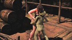 1boy 1futa 3d barrel bunnysuit fishnets futa_is_bigger futa_on_male goblin_male hatenheis heels honey_select_2 hugging jill_valentine kissing male_on_futa naked_male smaller_male standing