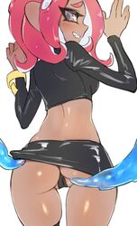 1girls 2018 against_wall agent_8_(octo_expansion) agent_8_(splatoon) ass backboob blush breasts cephalopod clothing dark-skinned_female dark_skin exposed fat_mons female female_only from_behind jtveemo looking_back nintendo octoling octoling_girl panties partially_visible_vulva pussy skirt skirt_lift smile splatoon splatoon_2 splatoon_2:_octo_expansion tentacles thick_thighs thighs vagina wide_hips