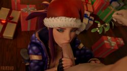 1boy 1girls 3d akali alternate_costume blue_eyes christmas fellatio female fritzhq gift_box jacket k/da_akali k/da_series league_of_legends lipstick looking_at_viewer male mistletoe mistletoe_above_penis oral penis purple_hair santa_hat