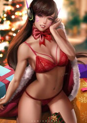 1girls alluring asian blizzard_entertainment bra breasts brown_eyes brown_hair christmas christmas_lingerie christmas_outfit cleavage cute d.va egirl eyelashes eyeliner facial_mark facial_markings female fringe light_skin lingerie long_hair looking_at_viewer overwatch pale_skin panties red_lingerie ribbon skinny slim smile solo thong video_games zumi