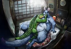 2017 3_toes 4_fingers anthro anthro_on_anthro aokmaidu ass blue_fur closed_eyes crocodile crocodilian duo fur futon green_scales hand_on_cheek hand_on_shoulder high-angle_view inside kangaroo kissing lying male male_only mammal marsupial moistnuggets nude on_back on_top overweight pillow playstation_4 ps4_console reptile rootsredclaw scales scalie signature sliding_door spread_legs spreading television toes trash_can wall_scroll yaoi