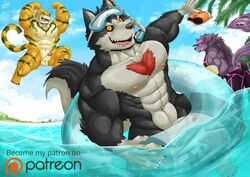 2017 abs anthro balls bathym beach canine feline fur garmr hi_res kemono macan_(tokyo_afterschool_summoners) magan male male_only mammal muscular muscular_male naruever open_mouth pantherine patreon penis seaside smile summer tiger tokyo_afterschool_summoners video_games water wolf yaoi