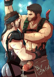 2boys armpit_hair armpit_licking armpits bara barazoku blood chest_hair chris_redfield closed_eyes crossover cum gay gloves hairy hairy_armpits male_only metal_gear_solid muscular muscular_male musk precum pubic_hair resident_evil scar solid_snake sweat torn_clothes usagi_(artist) veiny_penis yaoi