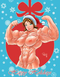 abs biceps big_muscles breasts brown_hair christmas christmas_hat cleavage extreme_muscles female flexing green_eyes hat large_breasts looking_at_viewer muscles muscular muscular_female navel nipples nude pegius pose pussy smile solo vein veins