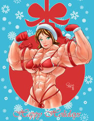 abs biceps big_muscles breasts brown_hair christmas christmas_hat cleavage extreme_muscles female flexing green_eyes hat large_breasts looking_at_viewer muscles muscular muscular_female navel pegius pose ribbon smile solo