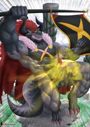 2018 abs anthro balls batzz_(buddyfight) big_balls big_penis breasts claws dragon erection future_card_buddyfight hair hi_res horn humanoid_penis male male_only muscular muscular_male naruever nude patreon penis red_hair scales scalie shining teeth