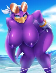 1girls 2018 anthro areolae bandana beak bent_over big_breasts bikini bikini_bottom blue_eyes bracelet breasts clothed clothing cloud eyelashes eyewear feathers female female_only furry gloves highres hips huge_breasts jewelry looking_at_viewer mleonheart nipples non-mammal_breasts outside partially_submerged purple_feathers purple_nipples sky smile solo sonic_(series) sonic_riders sunglasses swimsuit thick_thighs thighs topless video_games voluptuous water wave_the_swallow wide_hips yellow_beak