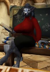 anthro bakaras canine classroom female furry glasses huge_breasts skirt sweater teacher warcraft worgen world_of_warcraft