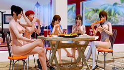 3d 5girls black_hair breasts brown_hair cola eating gintama glasses honey_select illusion illusion_soft kyosuke_reika looking_at_viewer multiple_girls mutsu_(gintama) navel nipples nude red_hair small_breasts