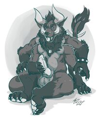 1boy 4_arms anthro balls behemoth bracelet crazy-husky dog_tags erection horn jewelry knot lilshark male male_focus male_only multi_arm multi_limb multi_pec muscular muscular_male penis pointy_ears solo solo_focus spiked_tail tail_tuft tuft tusks