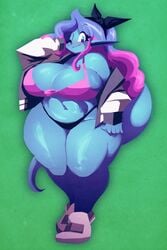 alien_girl big_breasts blue_skin breasts chubby jacket mirabelle multicolored_hair panties ribbon riendonut smile tail thick_thighs thong wide_hips wink