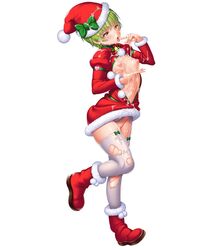 ange_(taimanin_asagi) angers_(taimanin_asagi_battle_arena) blush christmas christmas_outfit dress facial female green_hair hat lilith-soft nipples nobushito_kuro santa_hat shiny shiny_skin simple_background solo taimanin_(series) taimanin_asagi taimanin_rpgx white_background