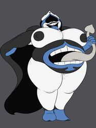 belly big_breasts big_thighs breasts cape clothing crown darkner deltarune female king_spade nipples overweight oystercatcher7 pussy rule_63 simple_background solo stomach_mouth teeth tongue