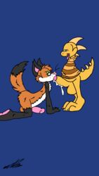 animal_genitalia anthro balls blush canine cervine cloudshywolf duo fan_character feet fox fur hyper male mammal monster_kid nude penis simple_background toony undertale video_games