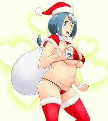 1girls bag belly bikini blue_eyes blue_hair breasts cape christmas chubby cleavage female female_only freckles green_background hat heart holding huge_breasts human human_only lana's_mother_(pokemon) large_ass long_hair looking_at_viewer midriff milf mob_face mother navel nintendo open_mouth pokemon pokemon_sm ponytail pubic_hair red_thighhighs sideboob smile standing thick_thighs thighhighs tof tongue wide_hips