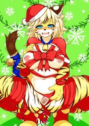 anthro blue_eyes blush breasts feline female full_bokko_heroes_x fur hair looking_at_viewer mammal megane_inu nipples pantherine pussy solo stripes tiger video_games zhang_fei_(full_bokko_heroes_x) zhang_fei_(fullbokko_heroes)