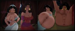 2girls aladdin anus ass bimbo black_hair blue_eyes breasts brown-skinned_female brown_eyes brown_skin crossover dark-skinned_female dark_skin dat_ass disney disney_princess drunk duo english_text esmeralda eyeshadow female female_only green_eyes harem_outfit innie_pussy inusen large_breasts lipstick long_hair makeup middle_eastern middle_eastern_clothing multiple_girls nipples one_eye_closed persian_clothing persian_female princess princess_jasmine pussy royalty smile talking_to_viewer tan-skinned_female teen teenage_girl teenager teenagers text the_hunchback_of_notre_dame third-party_edit vagina young