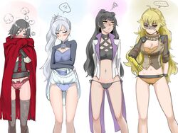 4girls angry annoyed black_hair black_panties blake_belladonna blake_belladonna_(mystral) blonde_hair blue_panties blush breasts cape cat_ears cleavage closed_eyes clothed clothing crop_top embarrassed faunus female female_only highres human lineup long_hair looking_away multiple_girls mystral_outfit panties ponytail prosthetic prosthetic_arm red_eyes robotic_arm ruby_rose ruby_rose_(mystral) rwby shureibusi shy side-tie_panties silver_eyes skirt_lift standing take_your_pick team_rwby thighhighs weiss_schnee weiss_schnee_(mystral) white_hair yang_xiao_long yang_xiao_long_(mystral) yellow_eyes yellow_panties