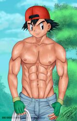 1boy abs ash_ketchum bara belly biceps black_hair bodybuilder commission dhc_underground gloves hat heyohwhoa human male male_only muscle muscles muscular nintendo nipples outdoors pecs pokemon pokemon_rgby satoshi_(pokemon) solo sweat sweatdrop text topless url watermark wet