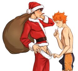 2boys abs belt bludwing bulge candy candy_cane christmas erection_under_clothes gay going_commando haikyuu!! male male_only penis pubic_hair sack santa_costume santa_hat shoyo_hinata tagme tobio_kageyama yaoi