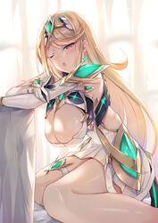 backlighting bangs blonde_female blonde_hair blush breasts chest_jewel cleavage_cutout dress earrings elbow_gloves female gem gloves hanging_breasts headpiece hinot inoue_takuya_(pixiv_99697) jewelry large_breasts long_hair looking_at_viewer mythra_(xenoblade) nintendo one_eye_closed open_mouth short_dress shoulder_armor sitting solo swept_bangs thigh_strap thighs tiara wariza white_dress white_gloves xenoblade_(series) xenoblade_chronicles_2 yellow_eyes