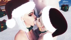 2girls 3d ashe_(overwatch) big_penis christmas collaborative_fellatio double_fellatio fellatio female highres huge_cock idemi-iam light-skinned_female male mercy oral overwatch pale-skinned_female pale-skinned_male pale_skin penis teamwork