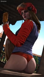 1girls 2160x3840 3d ass banjo blonde_hair bomyman cd_projekt_red day female female_only guitar hi_res high_resolution highres looking_back no_pants outdoors over_2160p panties partially_clothed playing_music priscilla_(the_witcher) red_thong solo the_witcher_(series) the_witcher_3:_wild_hunt thong video_games