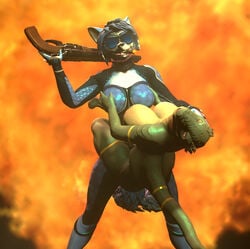 2018 3d anthro ass big_breasts breasts canine cigar clothing crocwife duo female fire fox fur hair humor interspecies krystal lizard looking_at_viewer mammal nintendo nude open_mouth reptile scalie smile source_filmmaker standing star_fox teeth video_games yuri