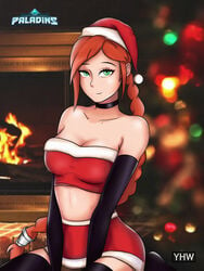 cassie_(paladins) christmas green_eyes holding looking_at_viewer paladins red_hair socks yhw