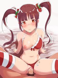 bed bikini breasts brown_hair censored christmas clothing_aside hair_ornament highres holly_hair_ornament idolmaster idolmaster_million_live! long_twintails matsuda_arisa mugai nipples one_breast_out sex swimsuit thighhighs twintails