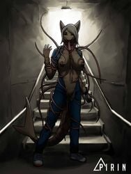 2018 anthro breasts clothed clothing corruption female fish hair marine nipples open_mouth pirin-apex pussy shark solo tentacle tongue tongue_out torn_clothing