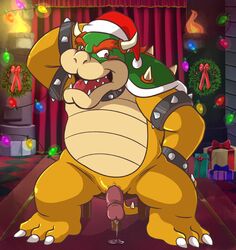 2018 3_toes animal_genitalia anthro blush bowser christmas collar cum cum_on_ground erection front_view genital_slit hand_behind_head hat holidays koopa looking_at_viewer male male_only mario_(series) nintendo nude penis precum retracted_foreskin santa_hat scales scalie shell sitting slit smile solo spiked_armlet spiked_collar spikes thegreatmatsutzu toes uncut video_games yellow_scales