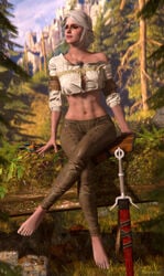 3d barefoot bomyman cd_projekt_red ciri closed_eyes crossed_legs female female_only scar solo sword the_witcher_(series) the_witcher_3:_wild_hunt white_hair