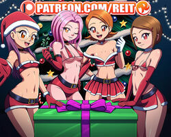 4girls brown_eyes brown_hair christmas christmas_outfit christmas_tree digimon digimon_adventure_02 gift gift_box hikari_yagami human looking_at_viewer mimi_tachikawa miyako_inoue multiple_girls patreon pink_hair purple_hair reit small_breasts smile sora_takenouchi