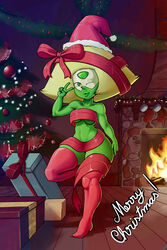 1girls abs breasts christmas female_only futaloliisbest green_skin huge_ass leather peridot_(steven_universe) pinup solo steven_universe text thick_thighs underboob v wide_hips wink