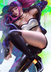 1girls akali alternate_costume asymmetrical_clothes cap choker cleavage earrings female jacket k/da_akali k/da_series league_of_legends leggings lipstick ponytail purple_eyes purple_hair single_pantsleg solo strapless strapless_top strapless_topwear thighs tubetop zumi