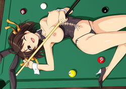 animal_ears areolae between_labia breastless_clothes breasts breasts_out brown_eyes brown_hair bunny_ears bunnysuit cue_stick detached_collar fake_animal_ears female haruhisky innie_pussy looking_at_viewer lying medium_breasts navel nipples on_back one_eye_closed open_mouth pool_table smile solo suzumiya_haruhi suzumiya_haruhi_no_yuuutsu wrist_cuffs