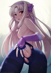 1girls anus ass bangs black_legwear blonde_hair blush bow breasts eyebrows_visible_through_hair fate/grand_order fate_(series) female female_only fingerless_gloves from_behind gloves hair hair_ornament hairbow headband illyasviel_von_einzbern long_hair nipples open_mouth pantyhose parted_bangs patreon_username purple_bow pussy red_eyes see-through sidelocks sitonai small_breasts solo thighband_pantyhose topless torn_clothes torn_legwear uncensored very_long_hair watermark web_address zen33n zen_o_(zen33n)