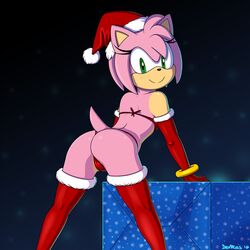 2016 amy_rose anthro ass blush cameltoe christmas color devo87 elbow_gloves furry furry_only green_eyes leggings looking_back presenting short_hair solo sonic_(series) standing thighhighs uncensored