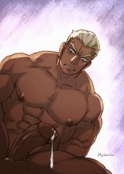 1boy abs blonde_hair cum earrings gamagoori_ira hydaria ira_gamagori kill_la_kill male_only muscles nipples penis testicles