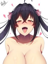 1girls ahoge azur_lane band-width bangs black_hair blush breasts cleavage collarbone crossed_bangs drooling eyebrows_visible_through_hair female female_only hair_between_eyes half-closed_eyes heart heart-shaped_pupils highres huge_breasts large_breasts light-skinned_female light_skin long_hair looking_at_viewer open_mouth red_eyes sakura_empire_(azur_lane) saliva signature simple_background smile solo symbol-shaped_pupils taihou_(azur_lane) tongue tongue_out twintails very_long_hair white_background