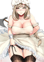 areolae bangs bare_shoulders black_panties bow braid breasts cleavage collarbone cyi cyicheng dress dress_lift female garter_belt garter_straps groin half-closed_eyes hataraku_saibou headdress heart_cutout highres large_breasts lifted_by_self lipstick long_hair macrophage_(hataraku_saibou) makeup naughty_face nipple_cutout nipples off_shoulder panties side-tie_panties sitting solo stockings strap_slip swept_bangs underwear yellow_eyes