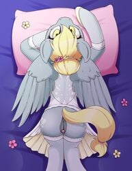 2018 anus arched_back ass clitoris clothing derpy_hooves equine fearingfun feathered_wings feathers female friendship_is_magic hair hi_res legwear lying mammal my_little_pony on_front pegasus pillow pussy solo wings