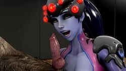 1girls 3d animated blue_hair deepthroat dog fellatio female feral_on_female knot no_sound overwatch penis purple_skin video weebstank widowmaker zoophilia