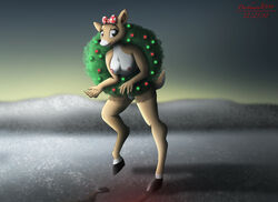 2018 anthro breasts cervine christmas clarice_(rudolph_the_red-nosed_reindeer) darthmaul1999 digitigrade female glowing holidays hooves ice mammal nipples nude outside pussy reflection reindeer walking wreath